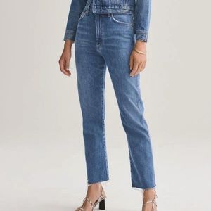 AGOLDE Pinch Waist High Rise Kick Jeans with Cut off Hem in Subdued